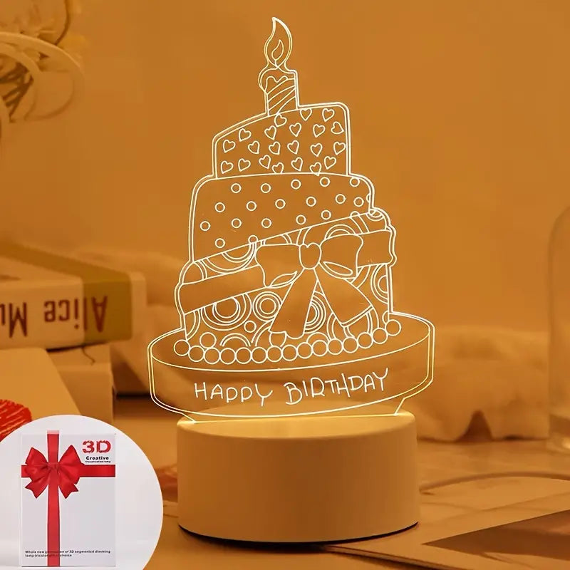 Birthday Cake 3D Acrylic USB Led Night Light for Christmas, Home, Bedroom, Birthday, Decoration and Wedding Gifts