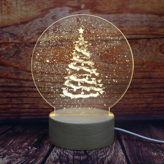 Snow Tree (Circular) 3D Acrylic USB Led Night Light for Christmas, Valentine's Day, Home, Bedroom, Birthday, Decoration and Wedding Gifts