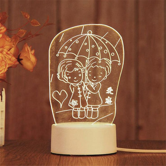 Couple Under Umbrella in Rain 3D Acrylic USB Led Night Light for Christmas, Valentine's Day, Home, Bedroom, Birthday, Decoration and Wedding Gifts