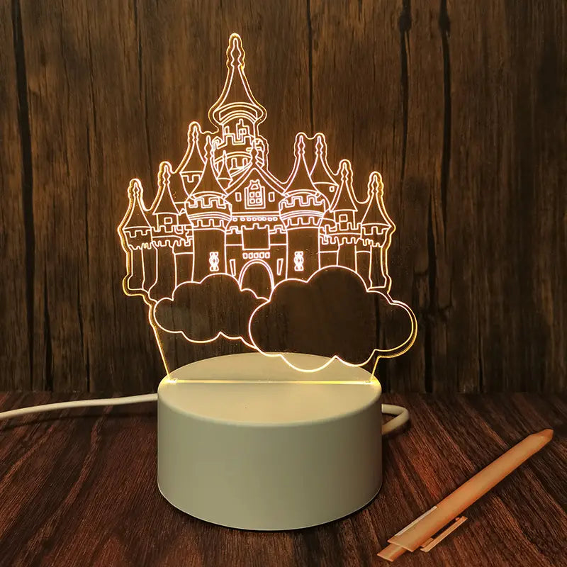 Cartoon Castle 3D Acrylic USB Led Night Light for Christmas, Valentine's Day, Home, Bedroom, Birthday, Decoration and Wedding Gifts