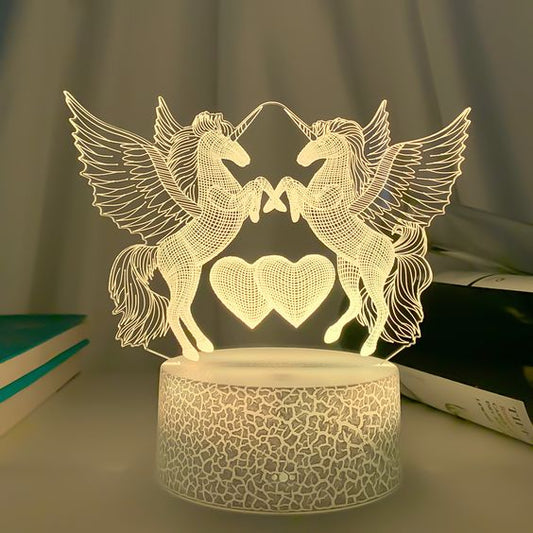 Unicorn Hearts 3D Acrylic USB Led Night Light for Christmas, Valentine's Day, Home, Bedroom, Birthday, Decoration and Wedding Gifts