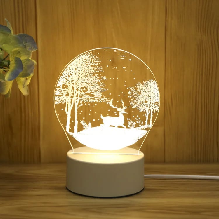Reindeer In Snow (Elk Tree) 3D Acrylic USB Led Night Light for Christmas, Home, Bedroom, Birthday, Decoration and Wedding Gifts