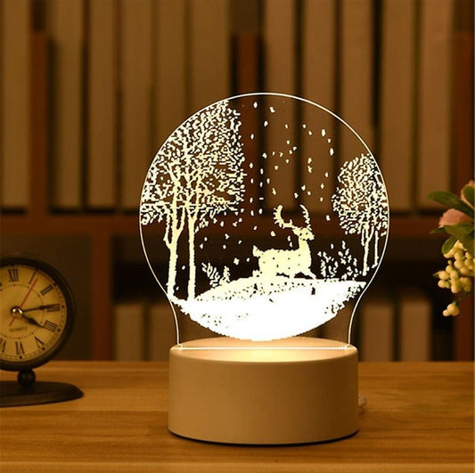 Reindeer In Snow (Elk Tree) 3D Acrylic USB Led Night Light for Christmas, Home, Bedroom, Birthday, Decoration and Wedding Gifts