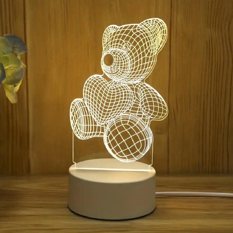 Teddy Bear Heart 3D Acrylic USB Led Night Light for Christmas, Home, Bedroom, Birthday, Decoration and Wedding Gifts