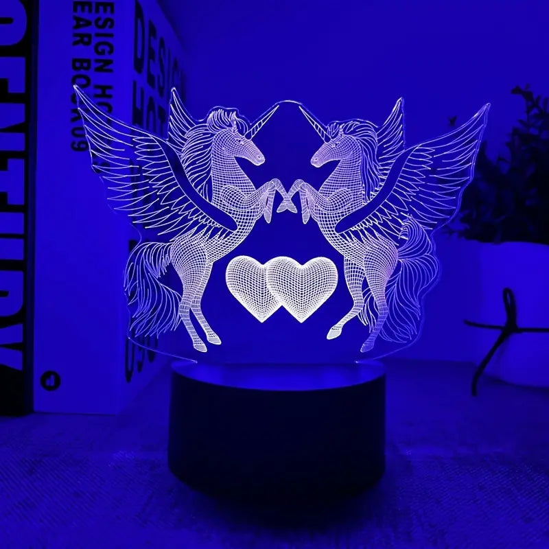 Unicorn Hearts 3D Acrylic USB Led Night Light for Christmas, Valentine's Day, Home, Bedroom, Birthday, Decoration and Wedding Gifts